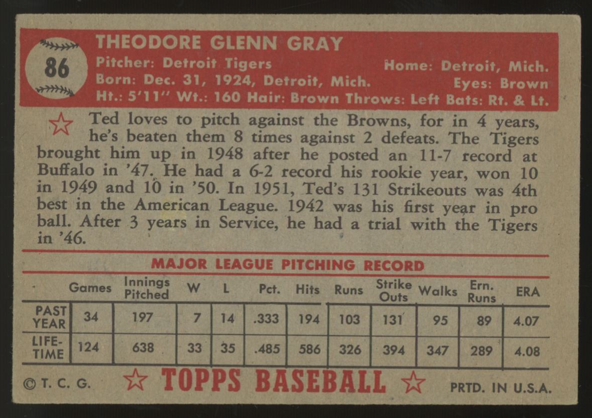 1952 Topps Ted Gray #86 EX "A"