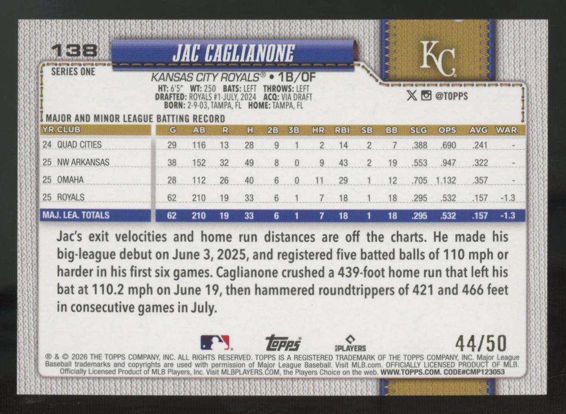 2026 Topps Series One Jac Caglianone RC Gold Foil /50 #138