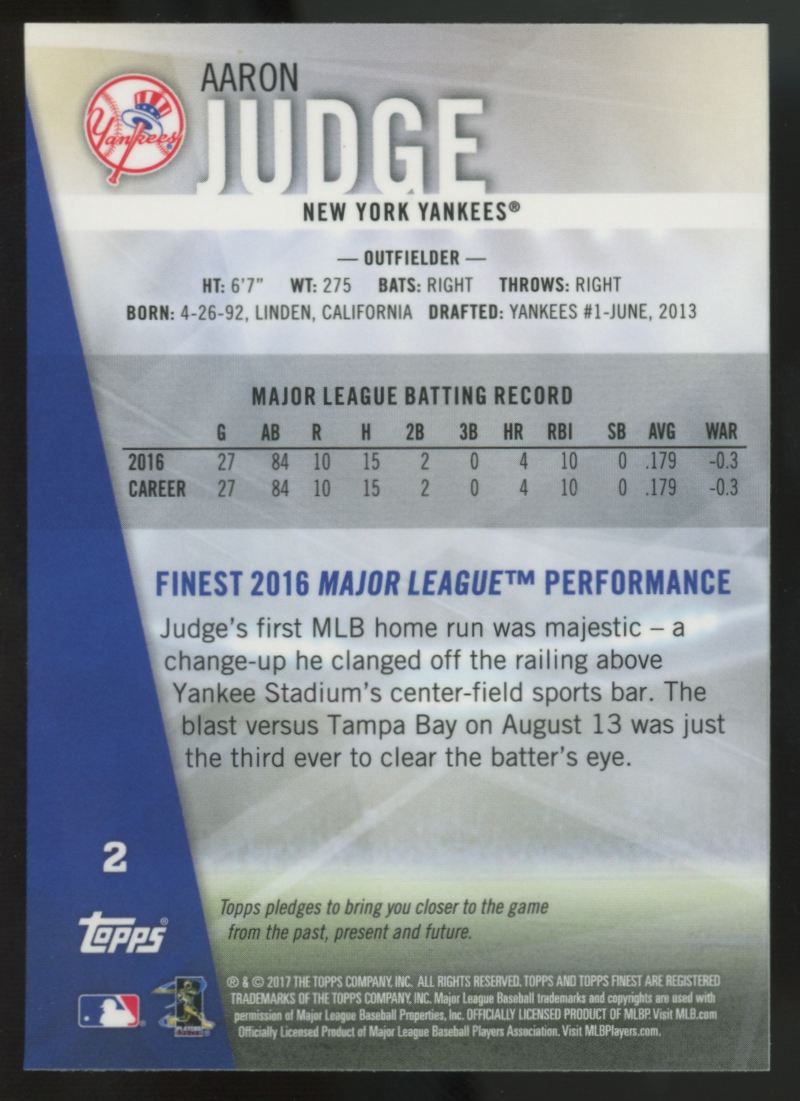 2017 Topps Finest Aaron Judge RC #2 "A"