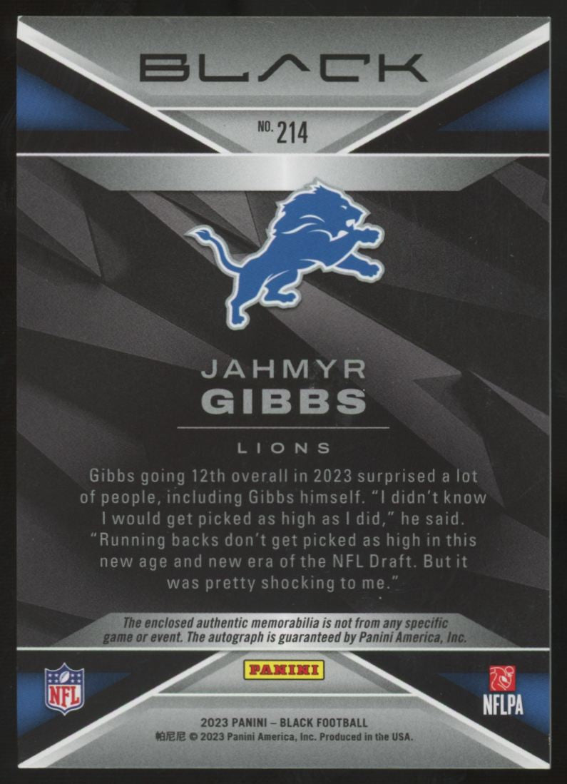 2023 Panini Black Jahmyr Gibbs RC Ruby Patch Auto RPA /15 #214