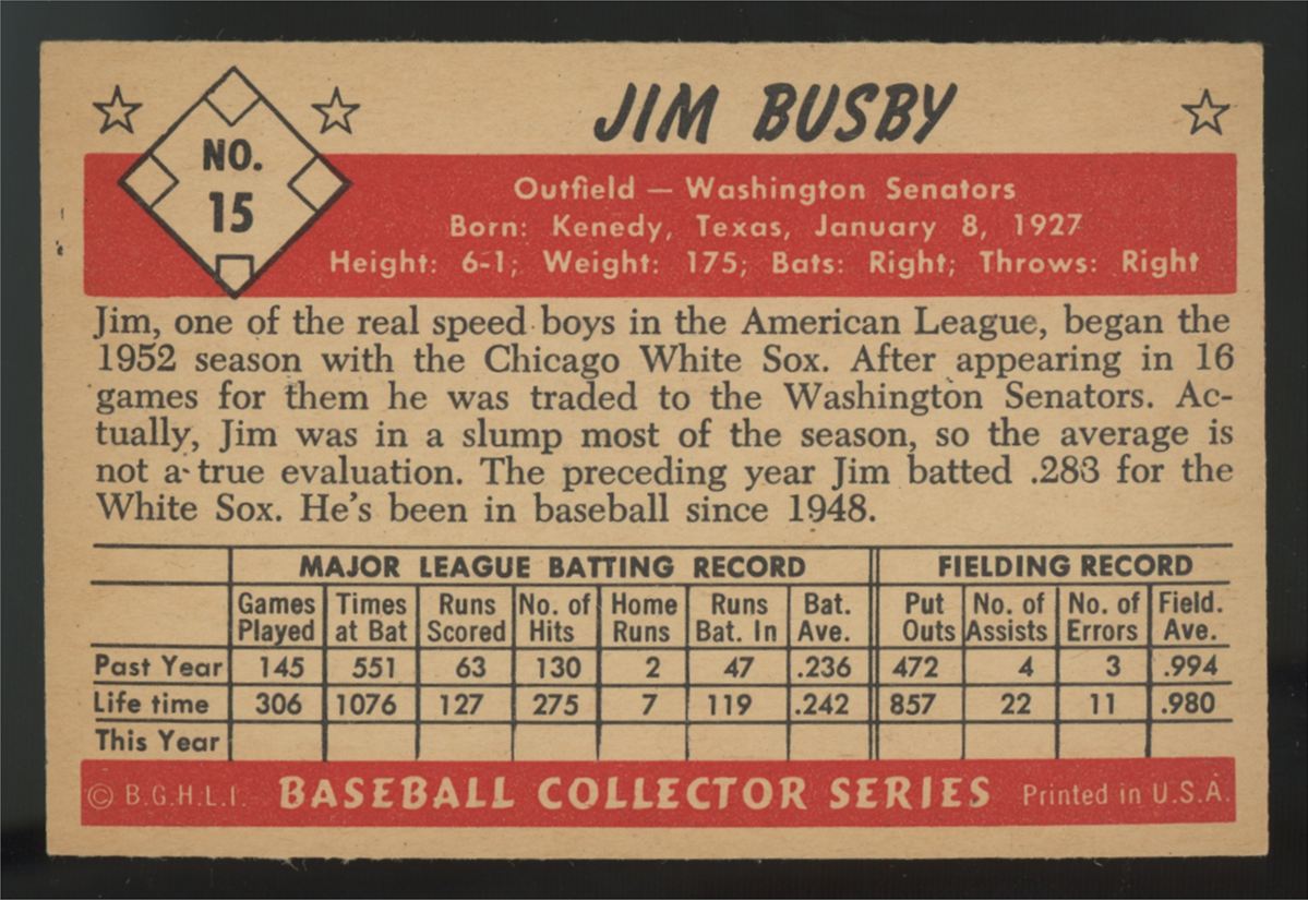 1953 Bowman Color Jim Busby #15 NM