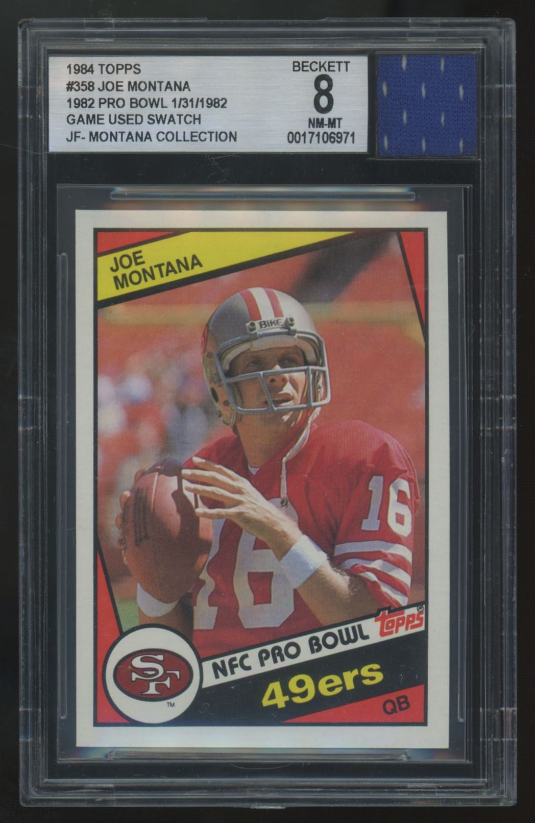 1984 Topps Joe Montana Jersey Fusion 1982 Pro Bowl Patch #358 BGS 8