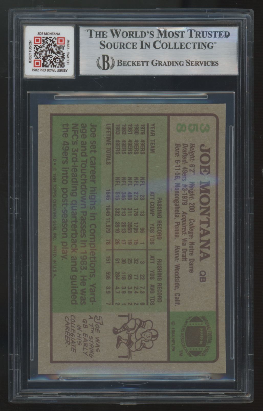 1984 Topps Joe Montana Jersey Fusion 1982 Pro Bowl Patch #358 BGS 8