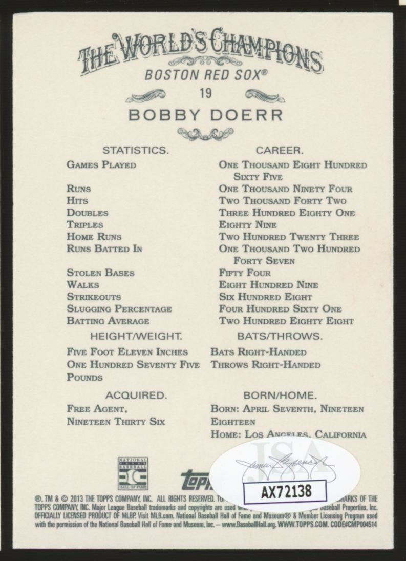 2013 Allen & Ginter Bobby Doerr #19 Signed Autographed Card JSA