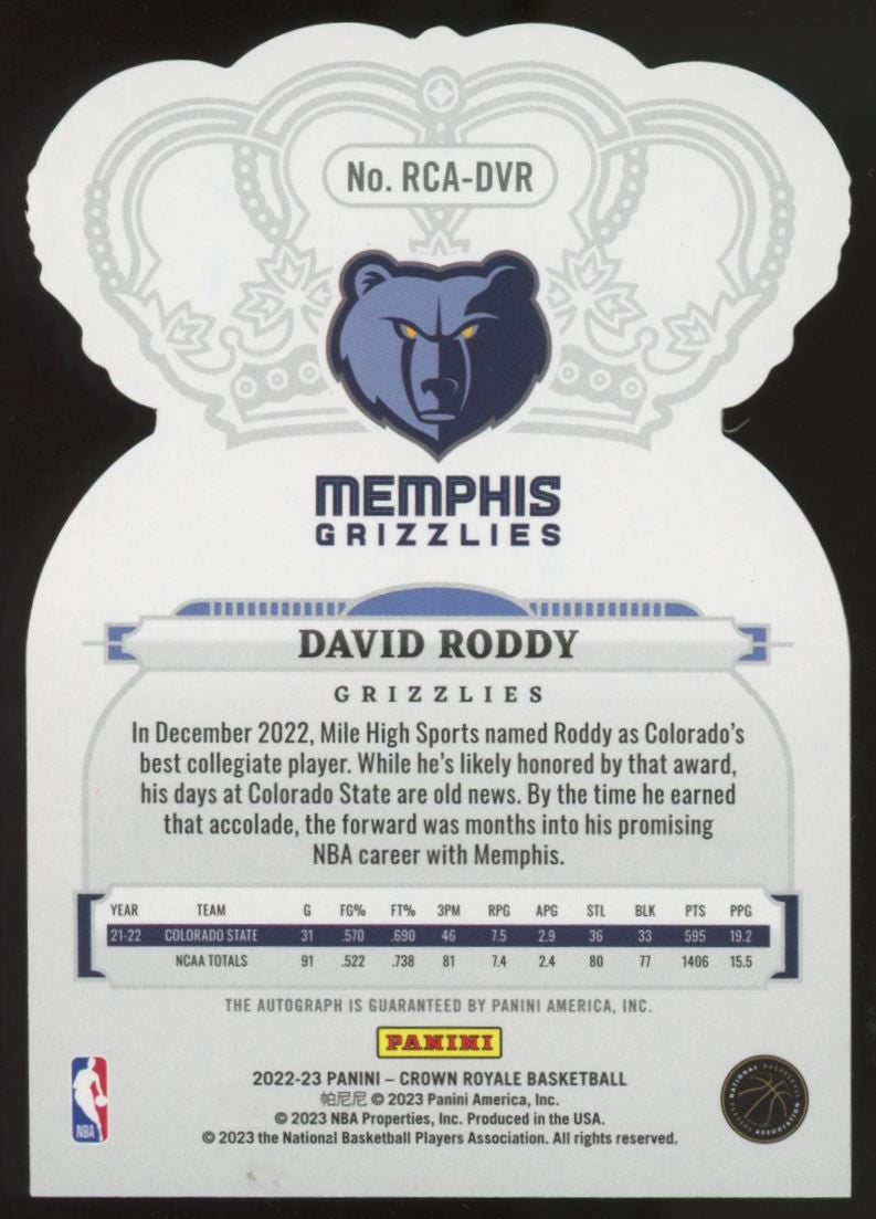 2022-23 Crown Royale David Roddy RC Auto Asia Gold /8 #RCA-DVR