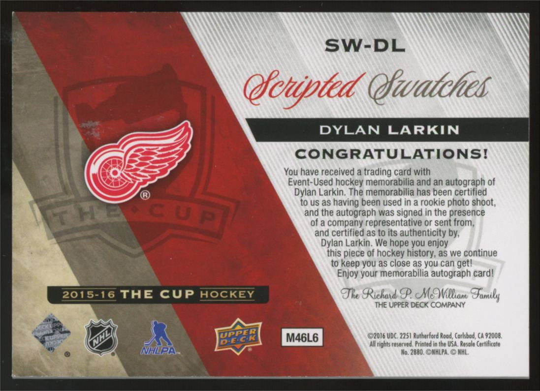2015-16 UD The Cup Dylan Larkin RC Scripted Swatches Patch Auto /35