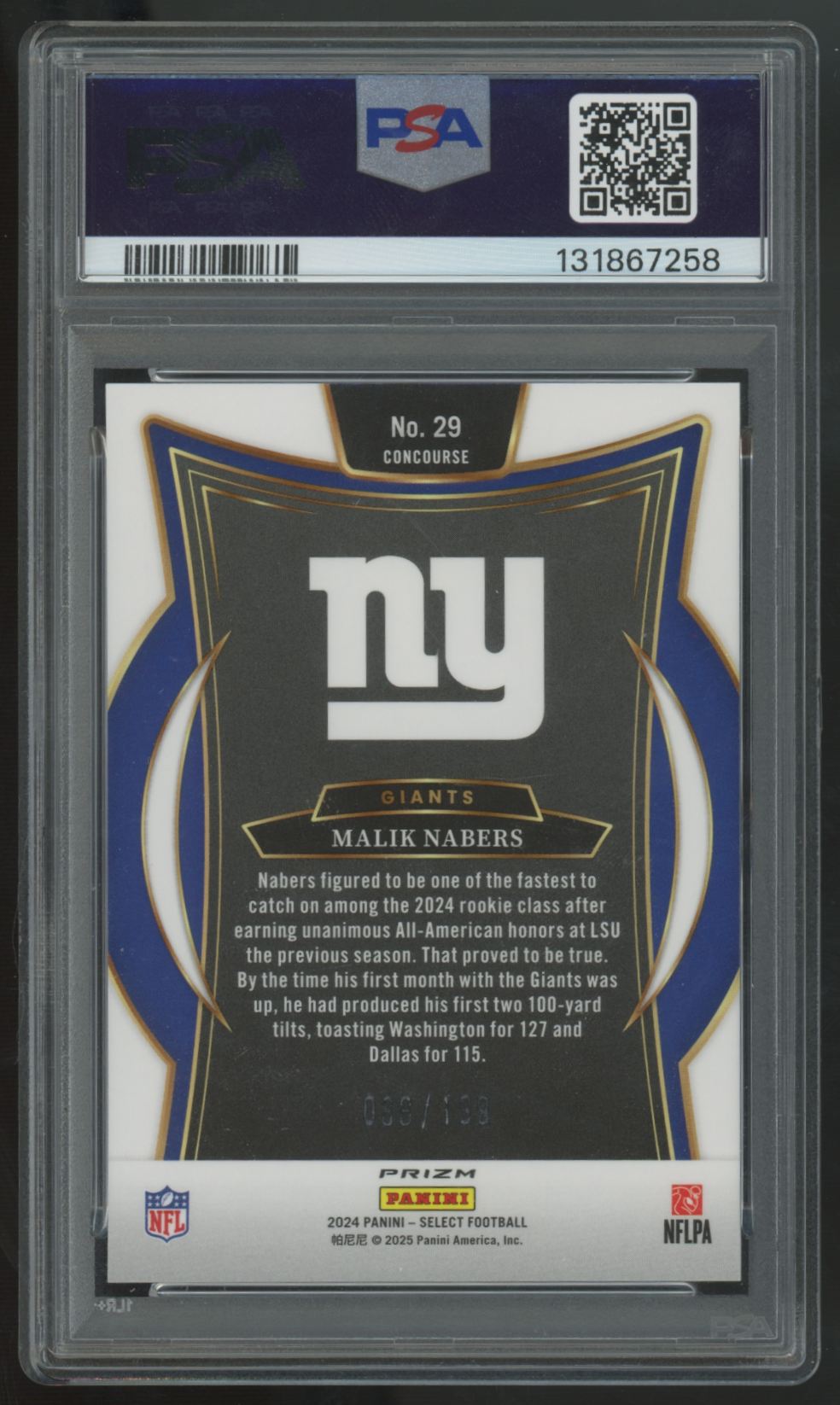 2024 Panini Select Malik Nabers RC Concourse White Shock /199 #29 PSA 9