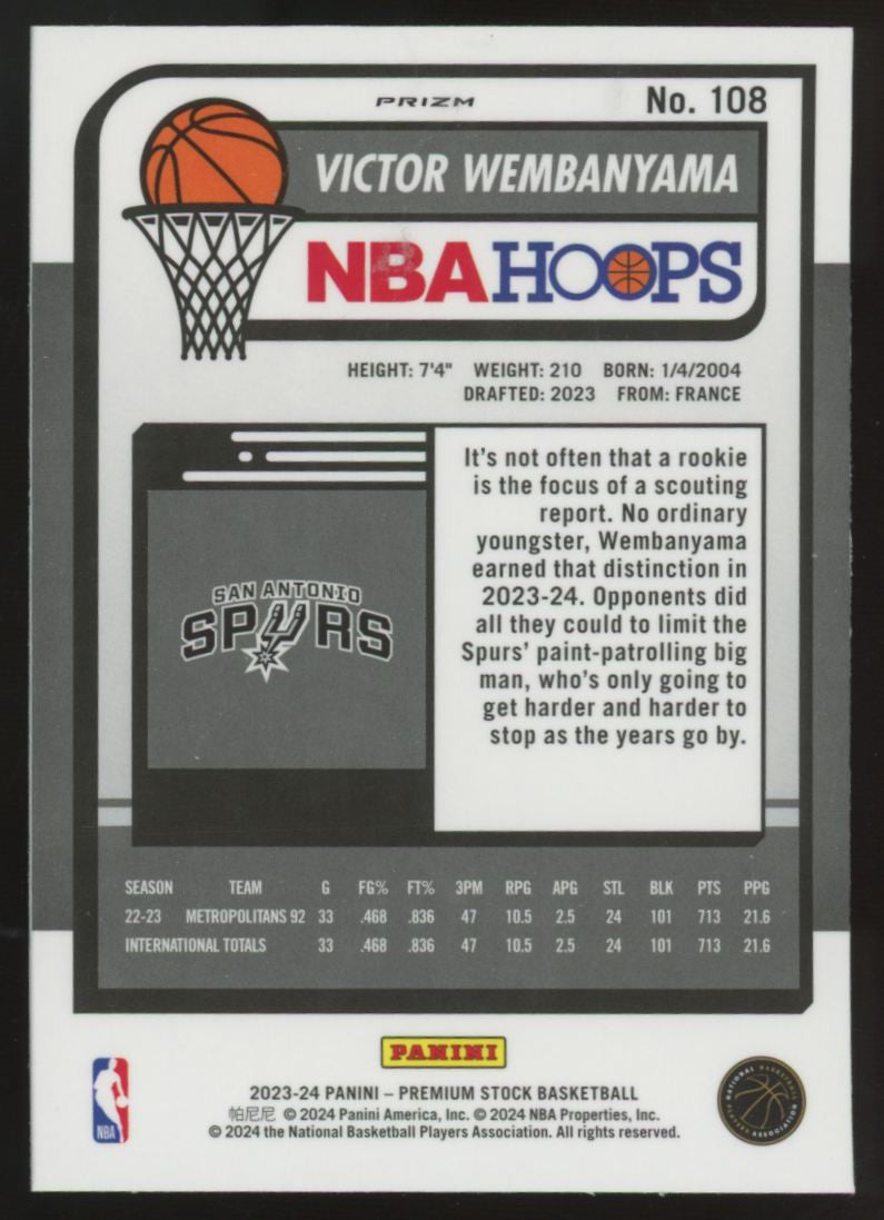 2023-24 Hoops Premium Stock Victor Wembanyama RC Ice Prizm #108