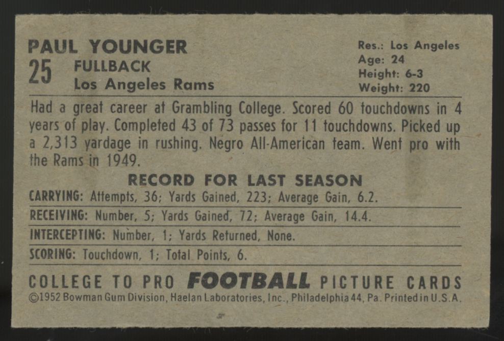 1952 Bowman Small Paul "Tank" Younger #25 VG/EX-EX