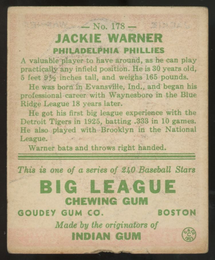 1933 Goudey Jackie Warner #178 VG