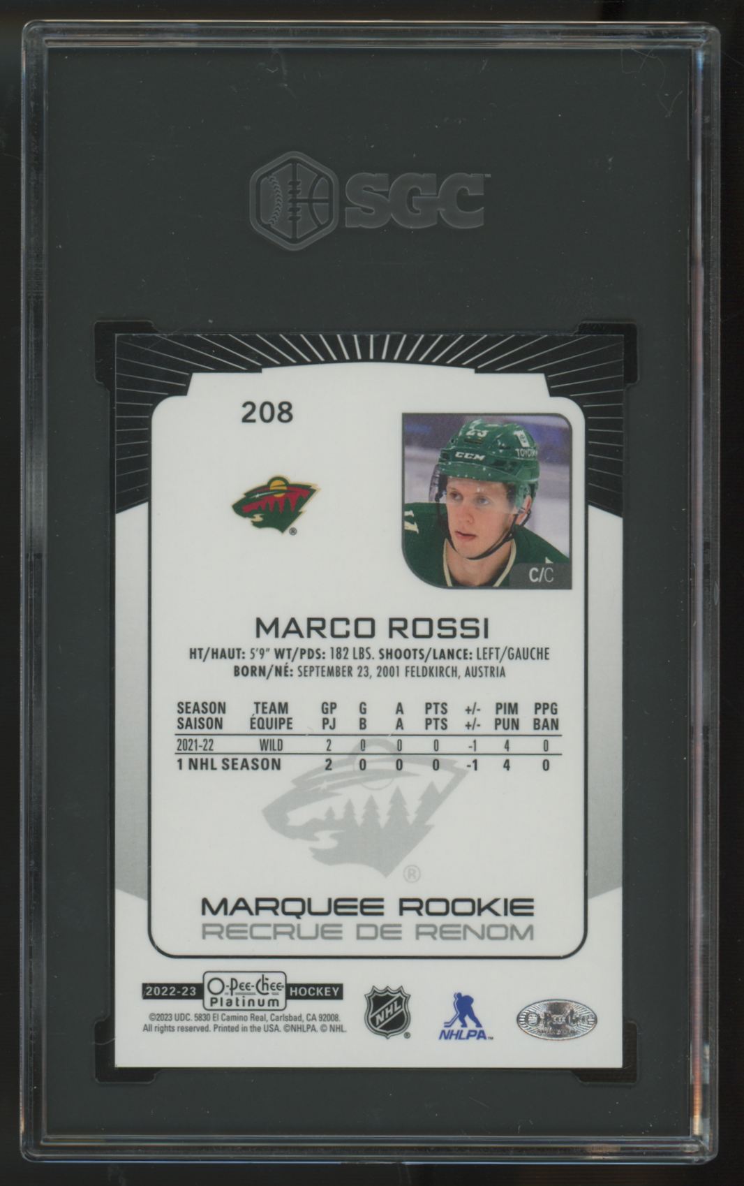2022-23 O-Pee-Chee Platinum Marco Rossi RC Marquee Pond Hockey #208 SGC 9
