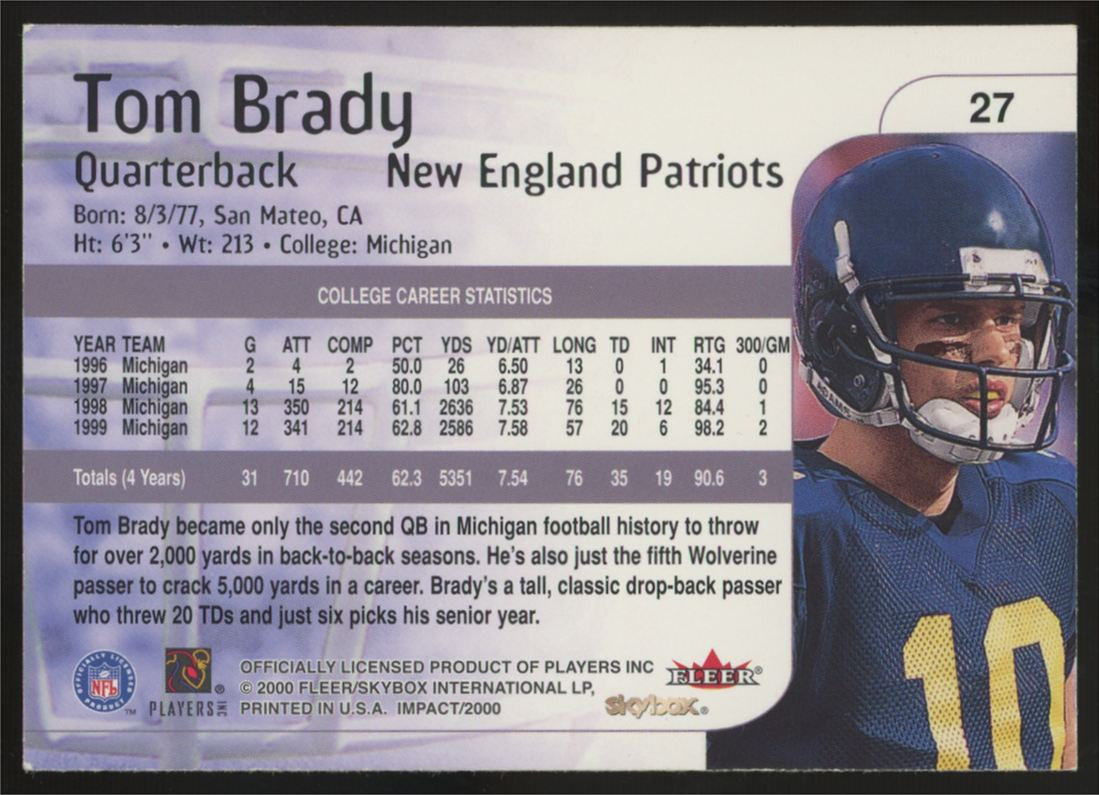 2000 Fleer Impact Tom Brady RC Rookies #27 EX/MT
