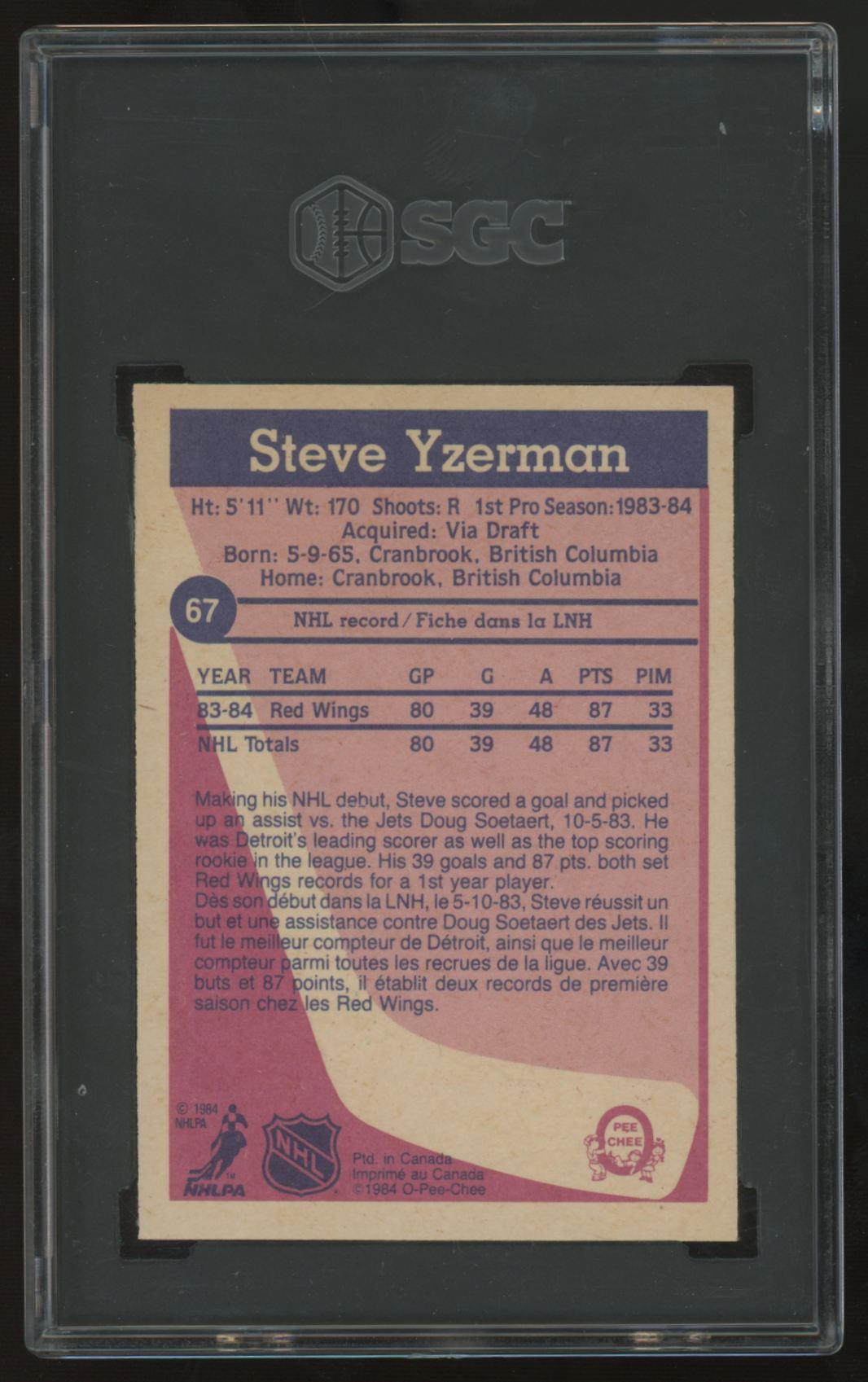 1984-85 O-Pee-Chee Steve Yzerman RC #67 SGC 6.5