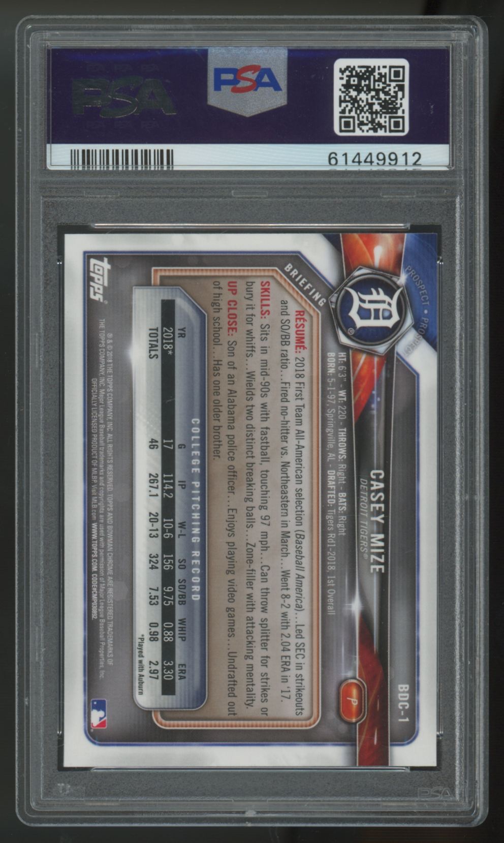 2018 Bowman Draft Chrome Casey Mize 1st Gray Jersey #BDC-1 PSA 10