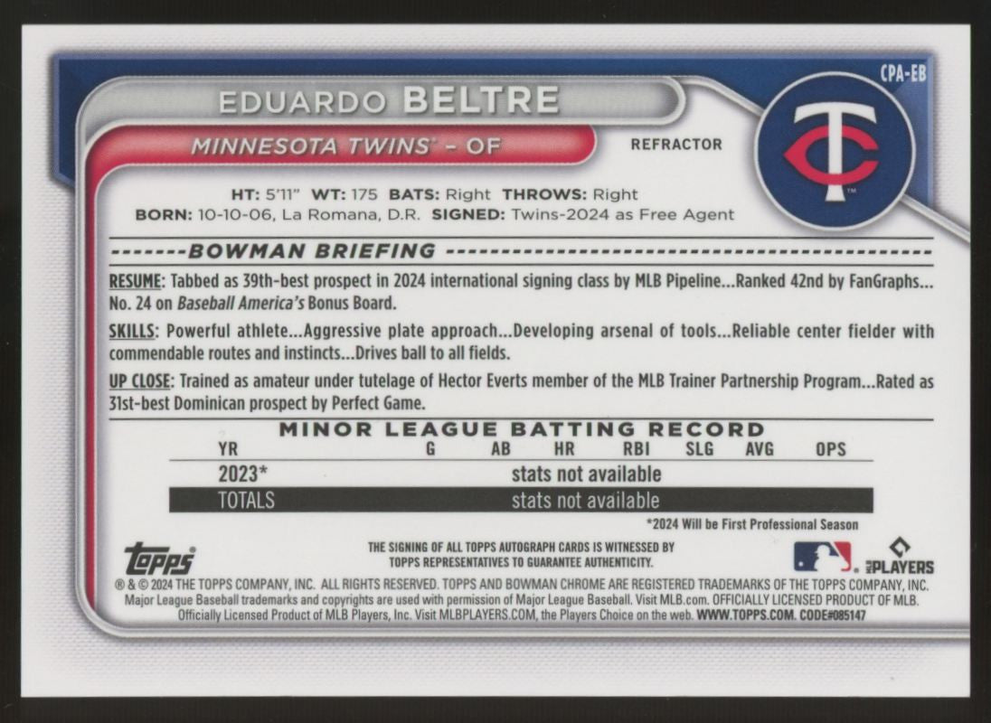 2024 Bowman Chrome Eduardo Beltre 1st Refractor Auto /499 #CPA-EB