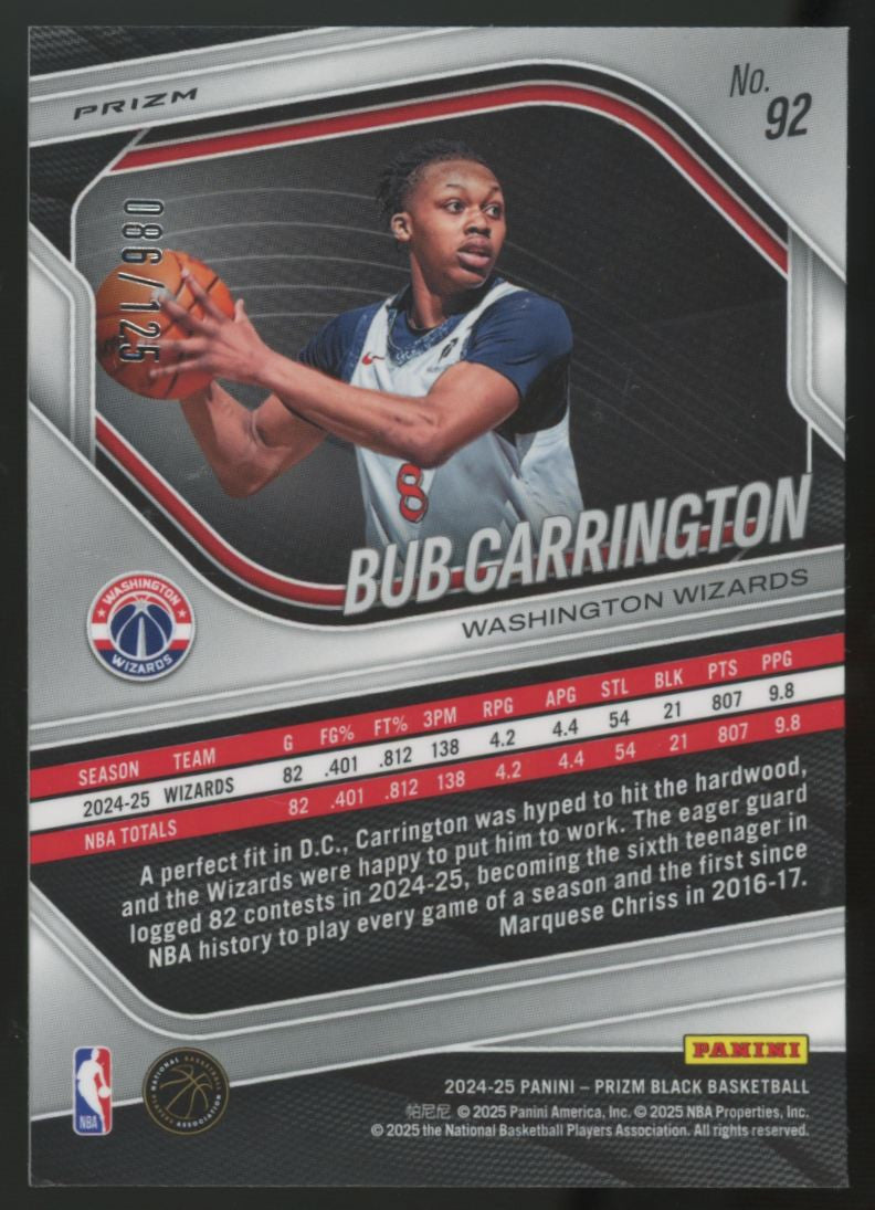 2024-25 Panini Prizm Black Bub Carrington RC Blue Ice /125 #92