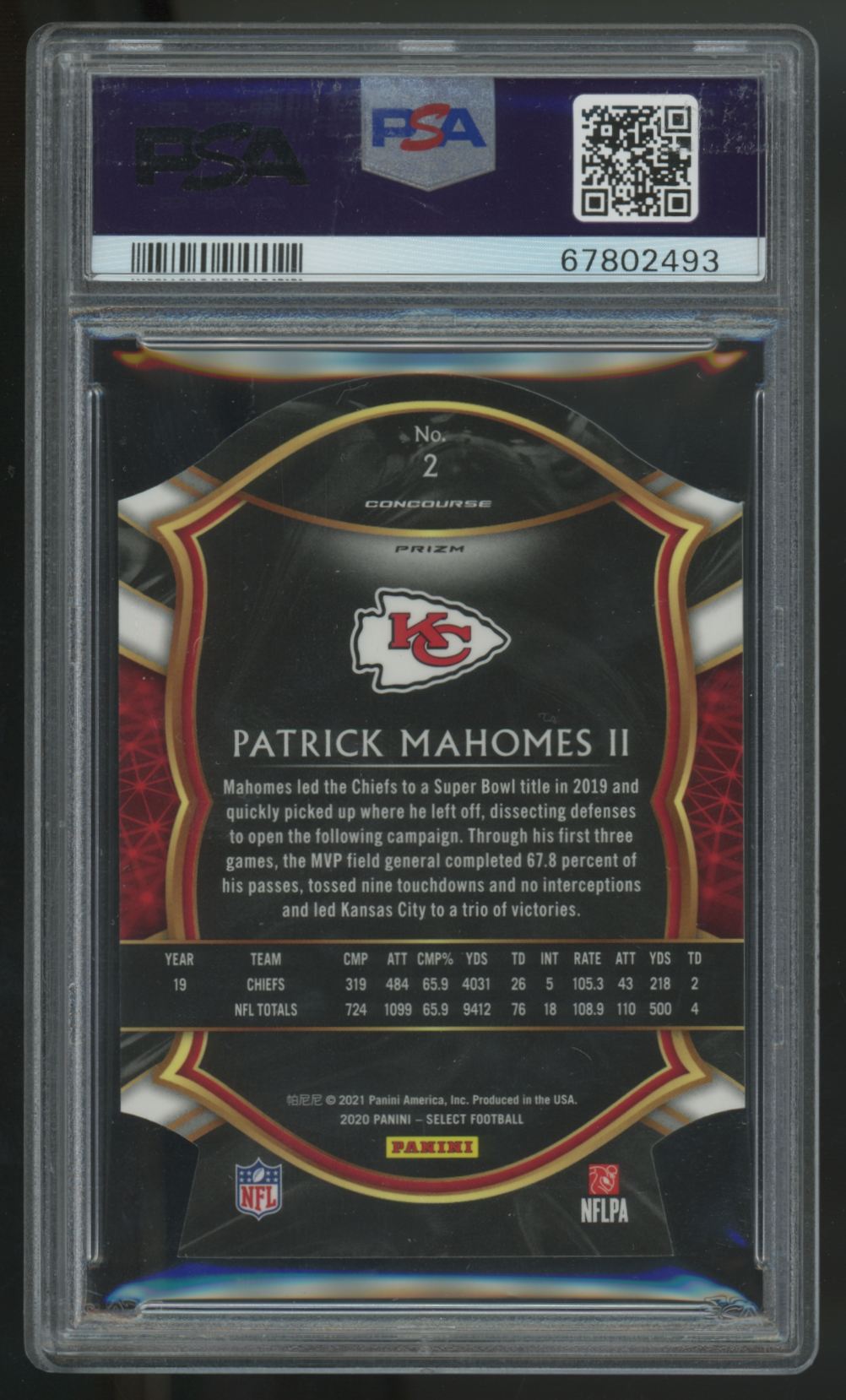 2020 Panini Select Patrick Mahomes II Concourse Zebra Die-Cut SSP #2 PSA 10