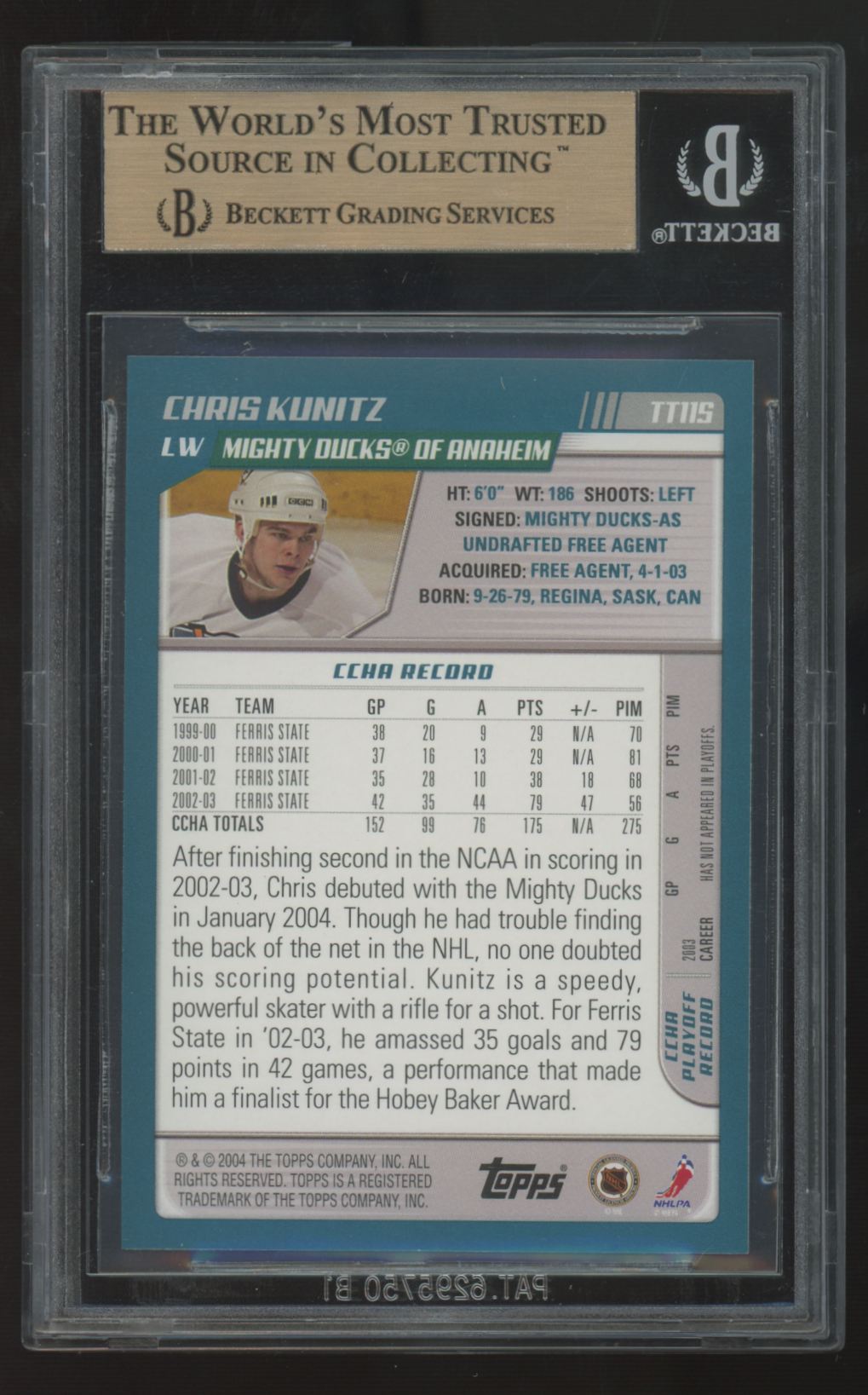 2003-04 Topps Traded Chris Kunitz RC #TT115 BGS 9.5