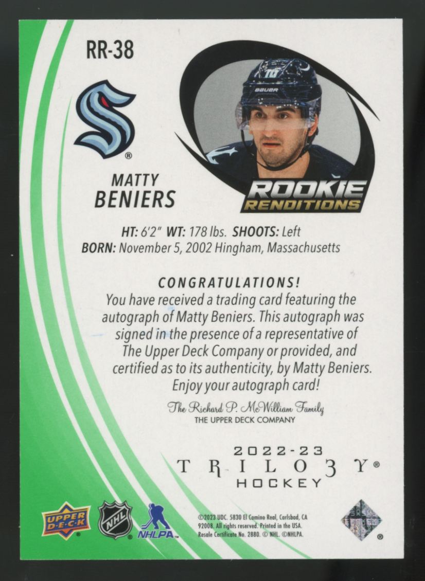 2022-23 Upper Deck Trilogy Matty Beniers RC Green Rookie Redemptions /49 #RR-38