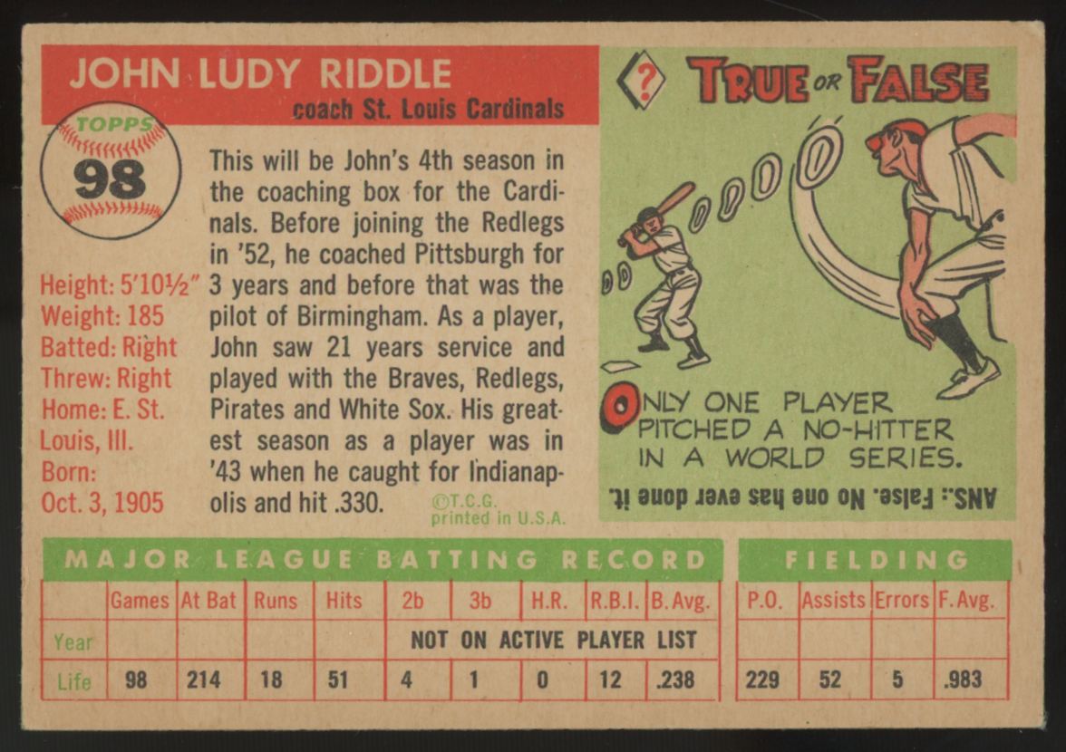 1955 Topps Johnny Riddle #98 EX/MT