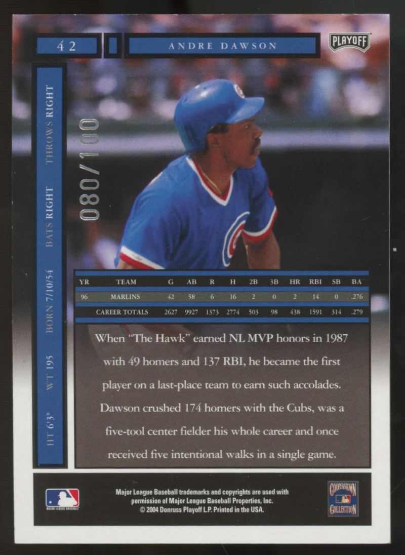 2004 Playoff Honors Andre Dawson Silver Auto /100 #42