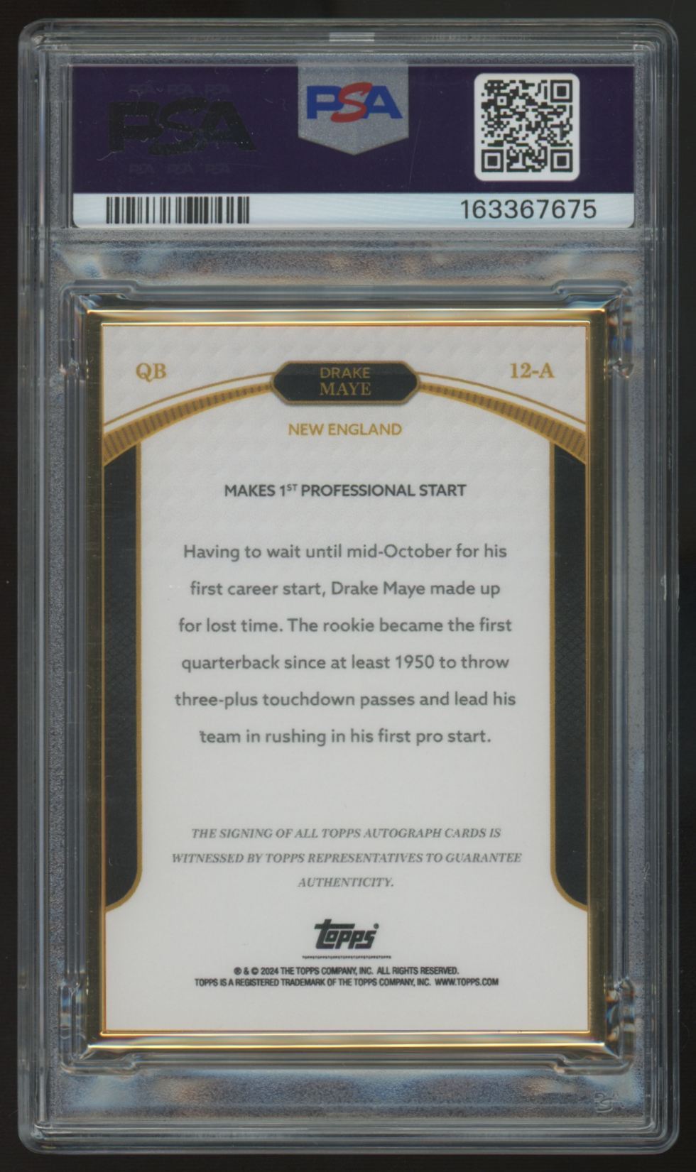 2024 Topps Now Drake Maye RC Campaign Black Auto /10 #12-A PSA 10 10