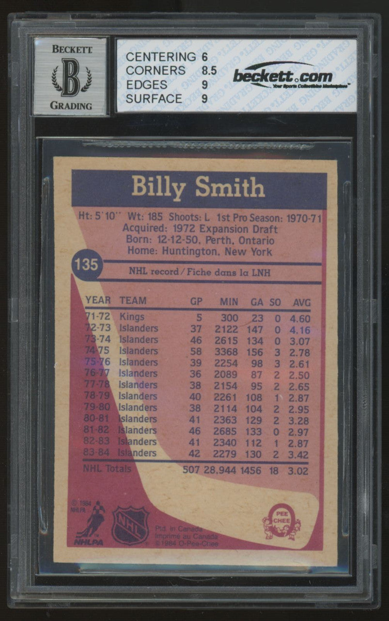 1984-85 O-Pee-Chee Billy Smith Signed Auto JSA #135 BGS 7 9