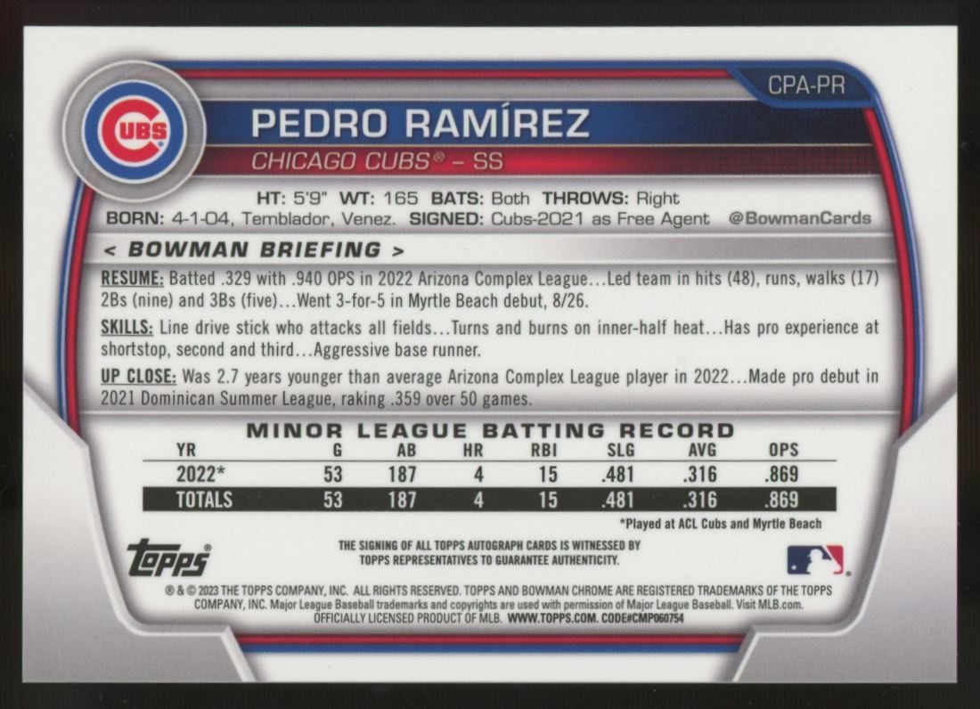 2023 Bowman Chrome Pedro Ramirez 1st Orange Refractor Auto /25 #CPA-PR