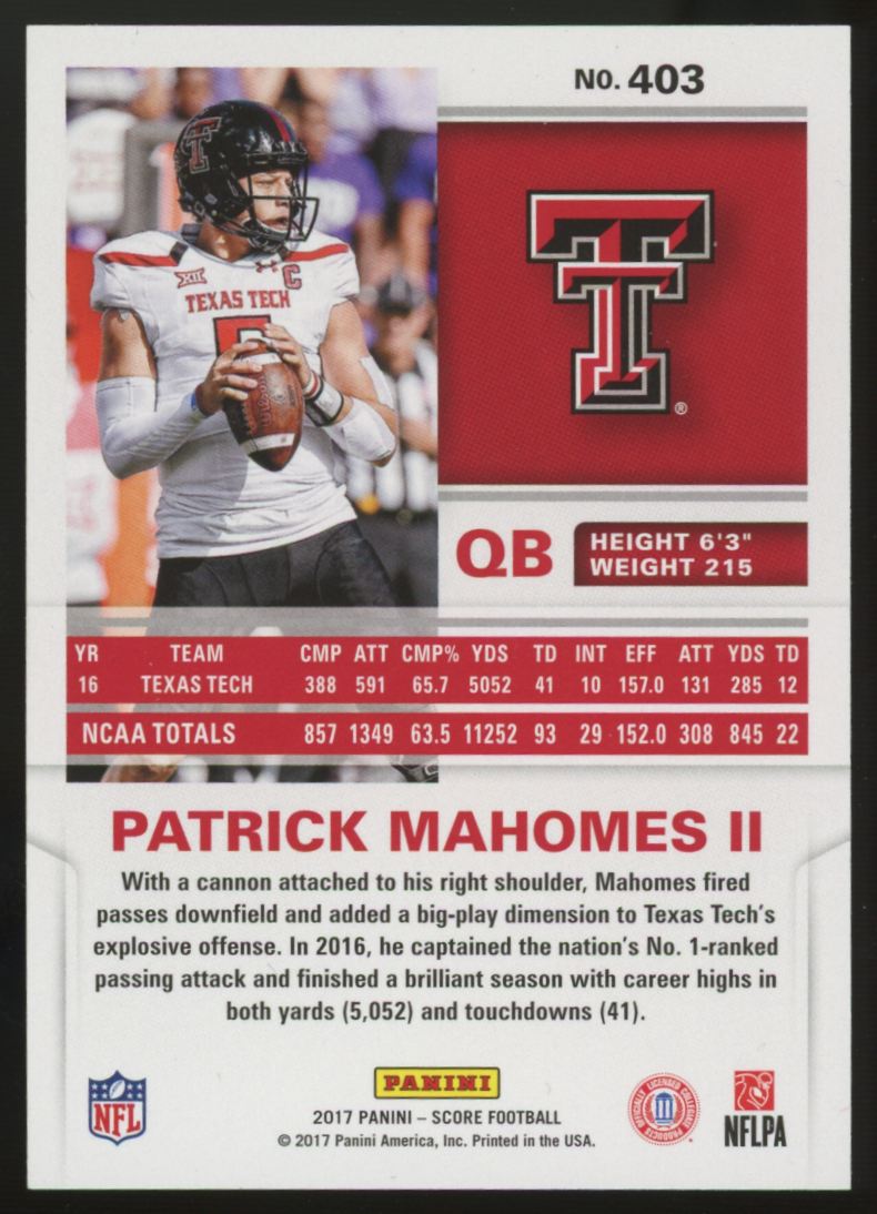 2017 Panini Score Patrick Mahomes II RC #403 "B"