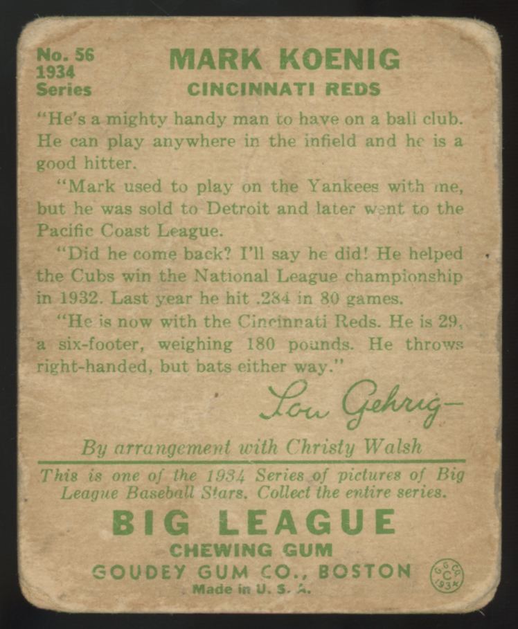 1934 Goudey Mark Koenig Big League Gum #56 Poor "A"