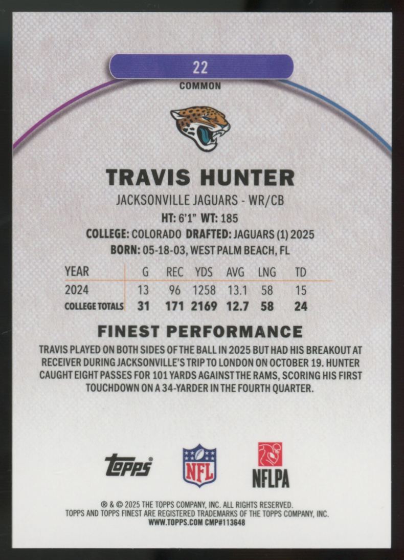 2025 Topps Finest Travis Hunter RC Green Refractor /75 #22