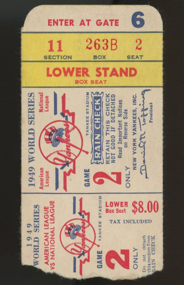 1949 New York Yankees World Series Game 2 Ticket Stub Low Grade
