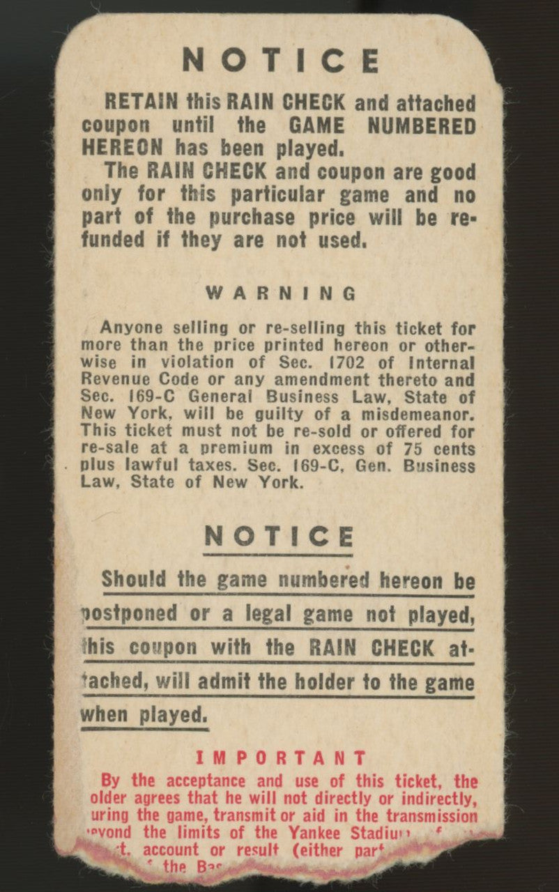 1949 New York Yankees World Series Game 2 Ticket Stub Low Grade
