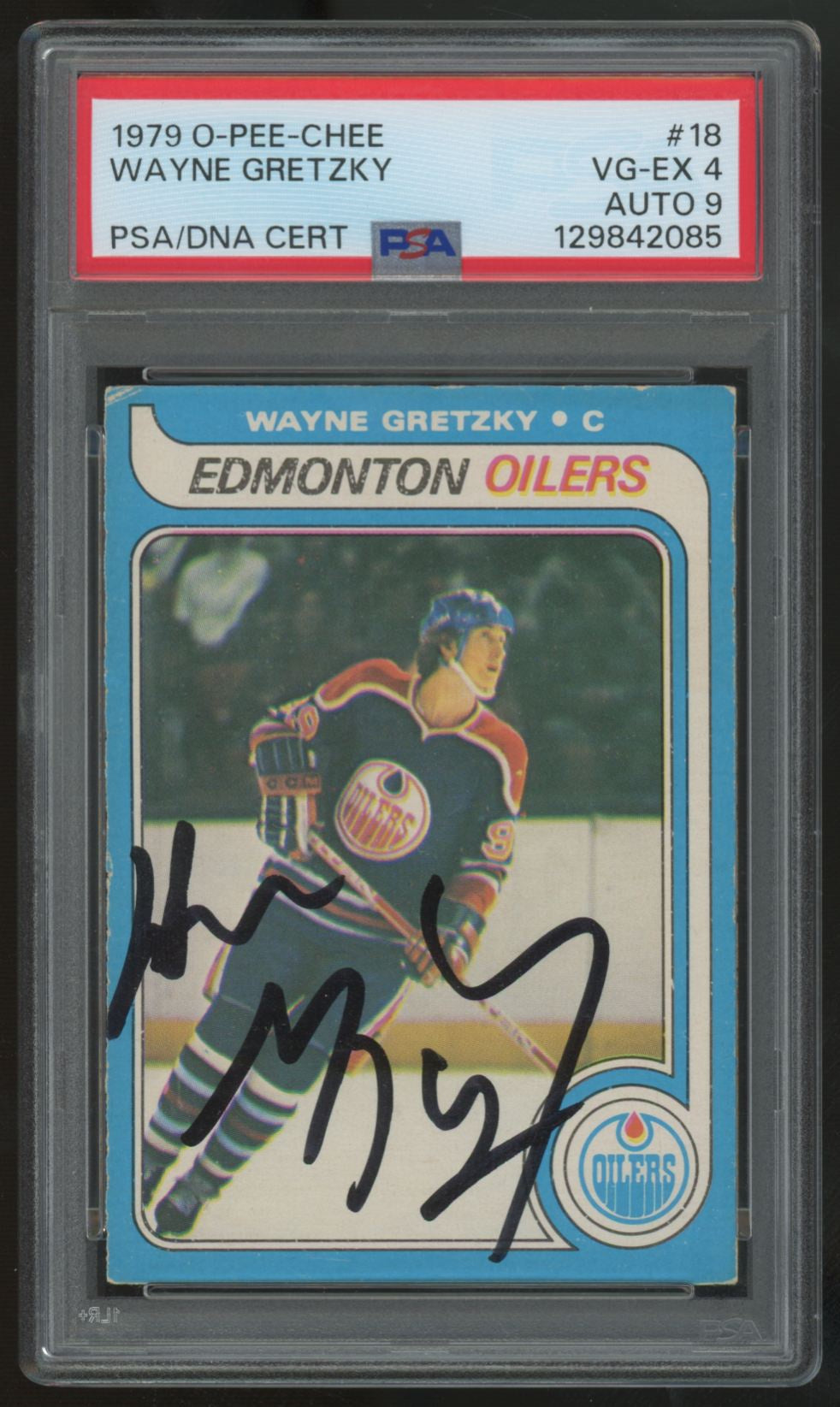 1979-80 O-Pee-Chee Wayne Gretzky RC Signed IP Auto #18 PSA 4 9