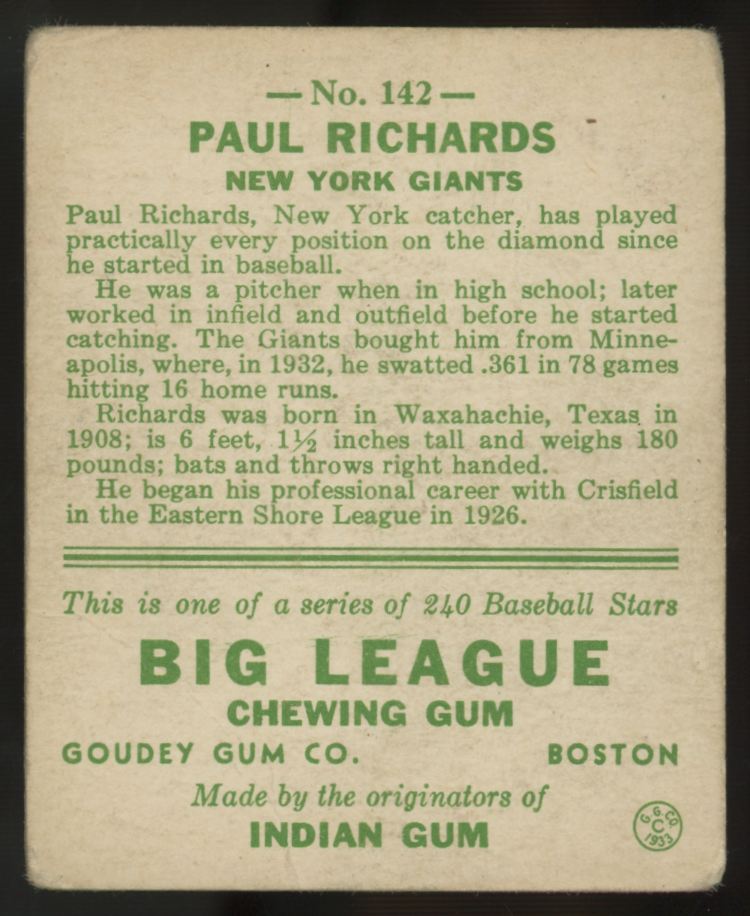 1933 Goudey Paul Richards #142 Good