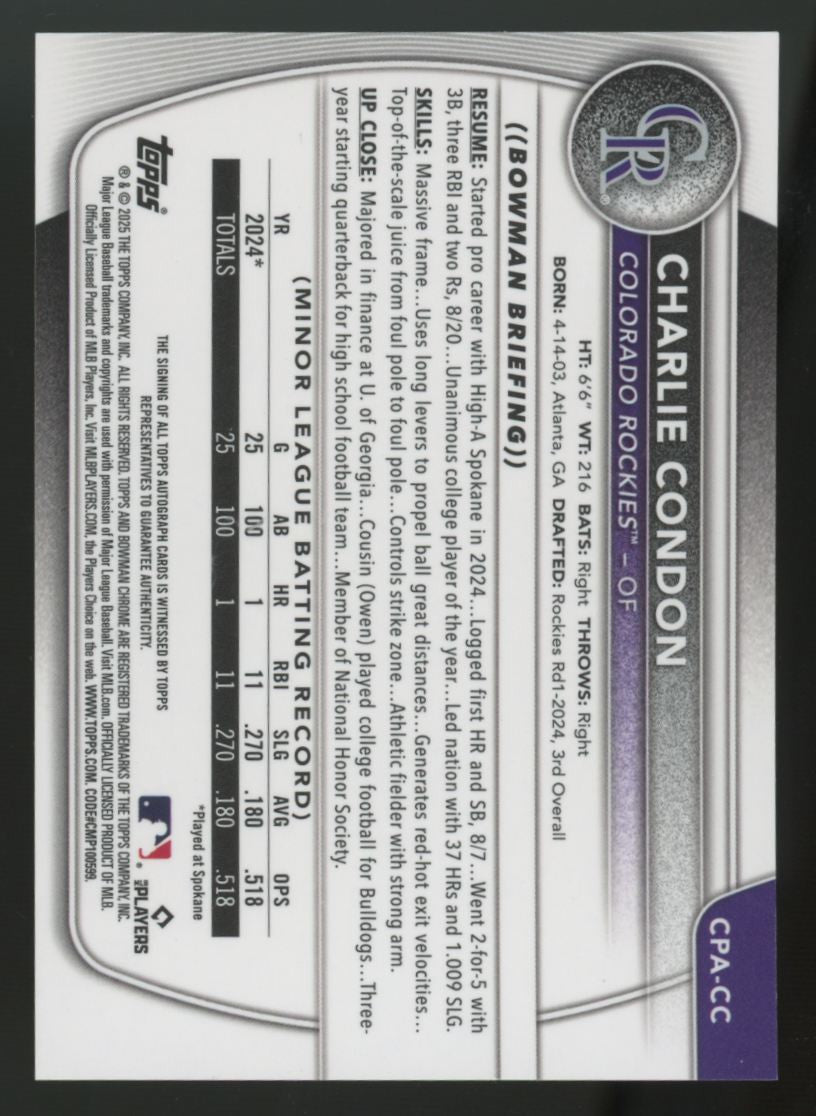 2025 Bowman Chrome Charlie Condon 1st Prospect Reptilian Green Auto /99 #CPA-CC