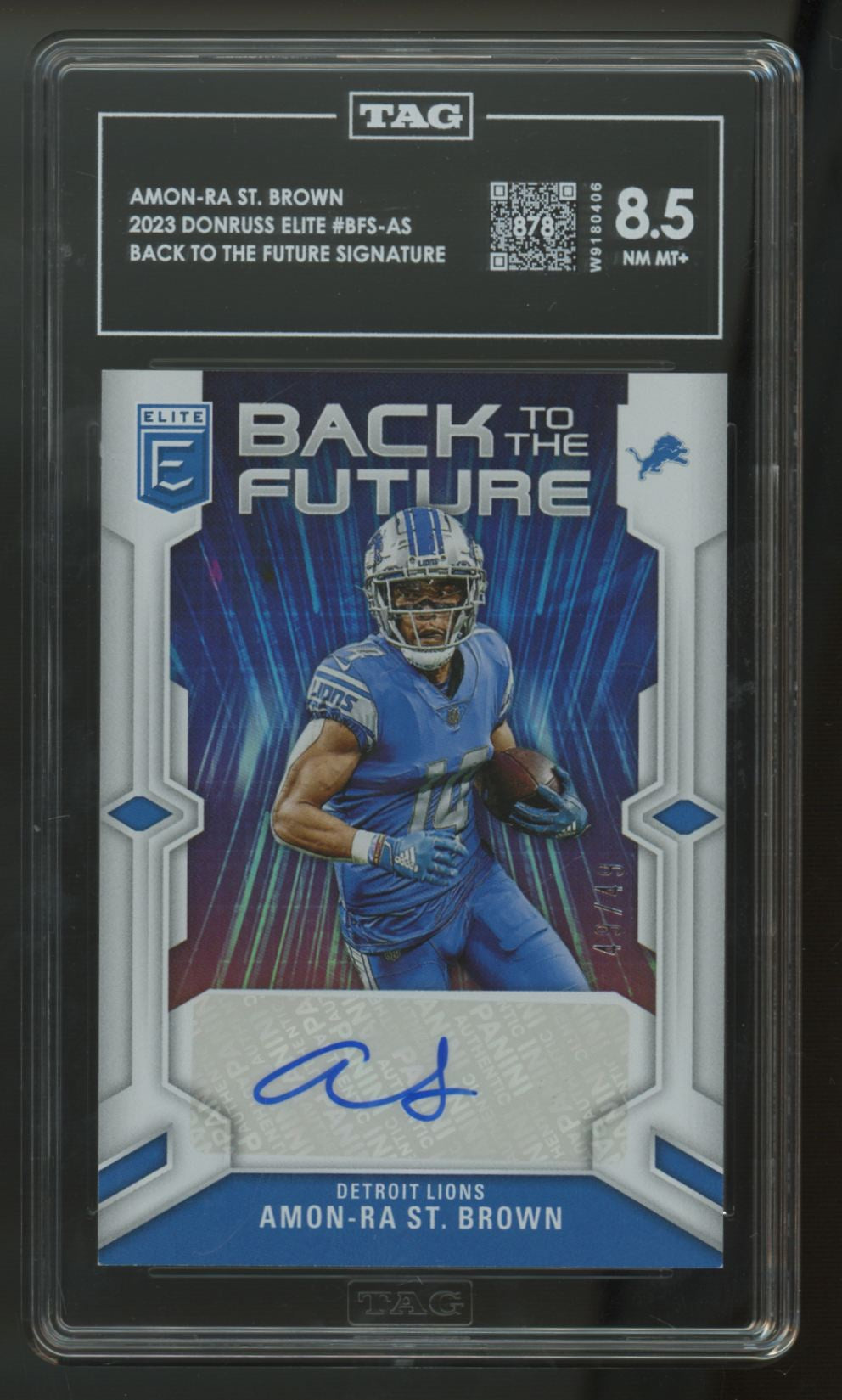 2023 Donruss Elite Amon-Ra St. Brown Back To The Future Purple Auto /49 TAG 8.5