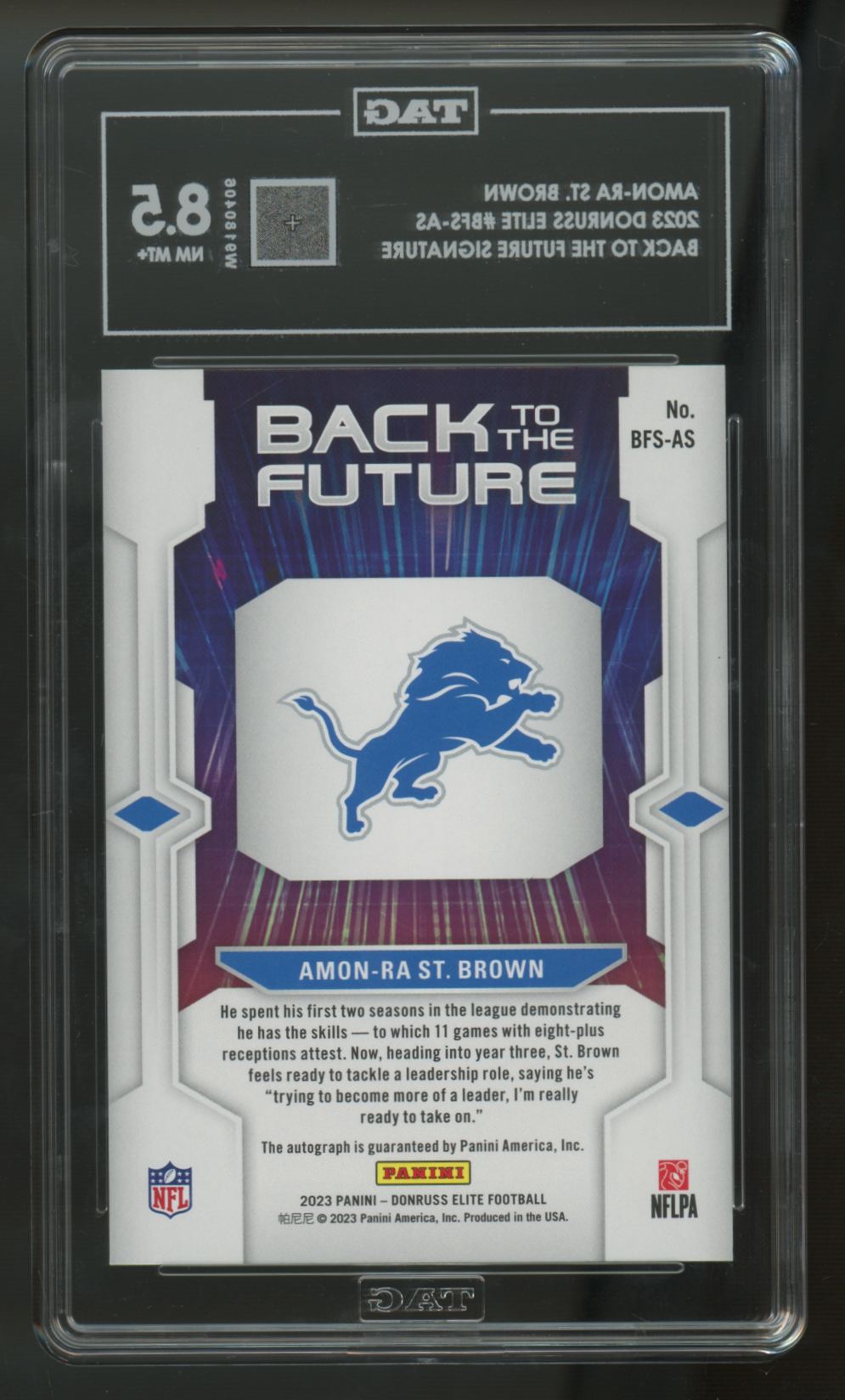 2023 Donruss Elite Amon-Ra St. Brown Back To The Future Purple Auto /49 TAG 8.5