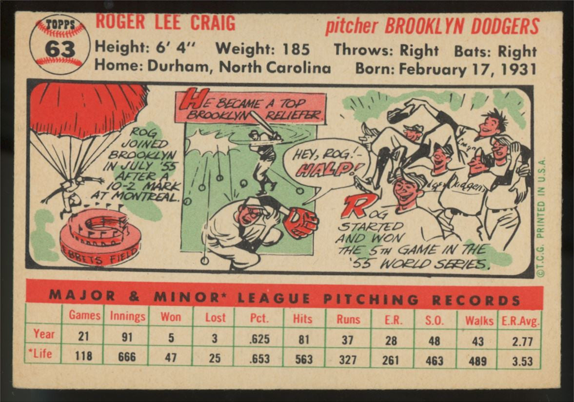1956 Topps Roger Craig White Back #63 EX