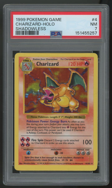 1999 Pokemon Charizard Base Set Shadowless Holo #4 PSA 7
