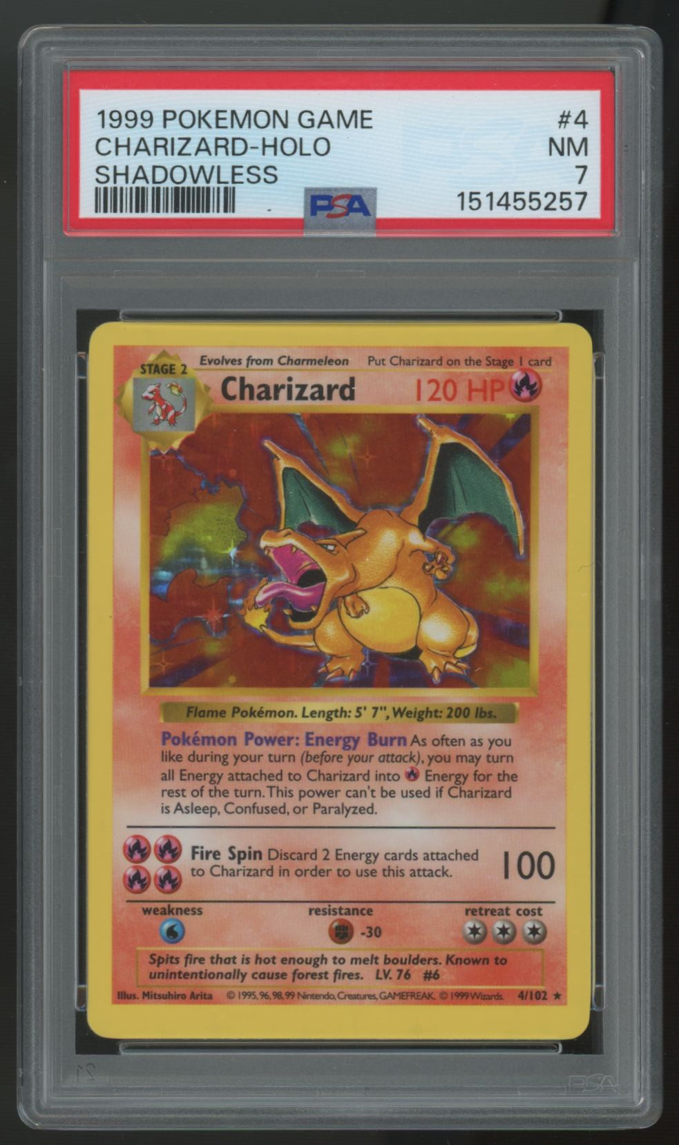 1999 Pokemon Charizard Base Set Shadowless Holo #4 PSA 7