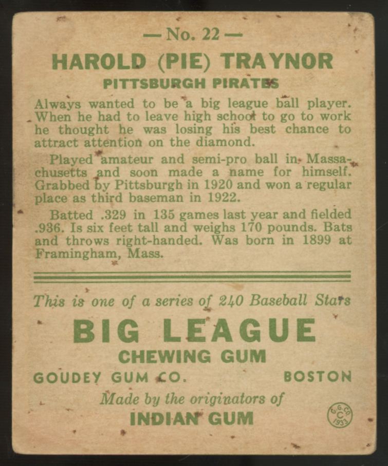 1933 Goudey Harold "Pie" Traynor #22 VG