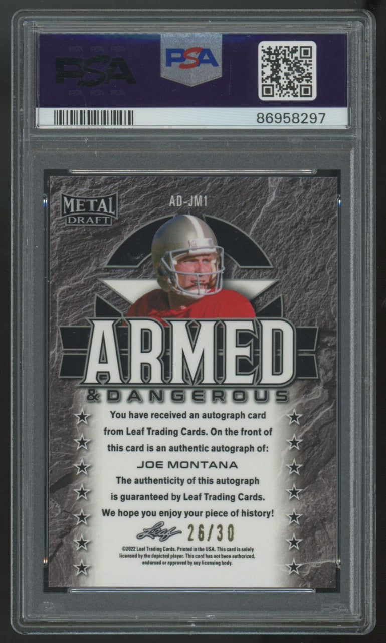 2022 Leaf Metal Draft Joe Montana Armed & Dangerous Silver Wave Auto /30 PSA 9