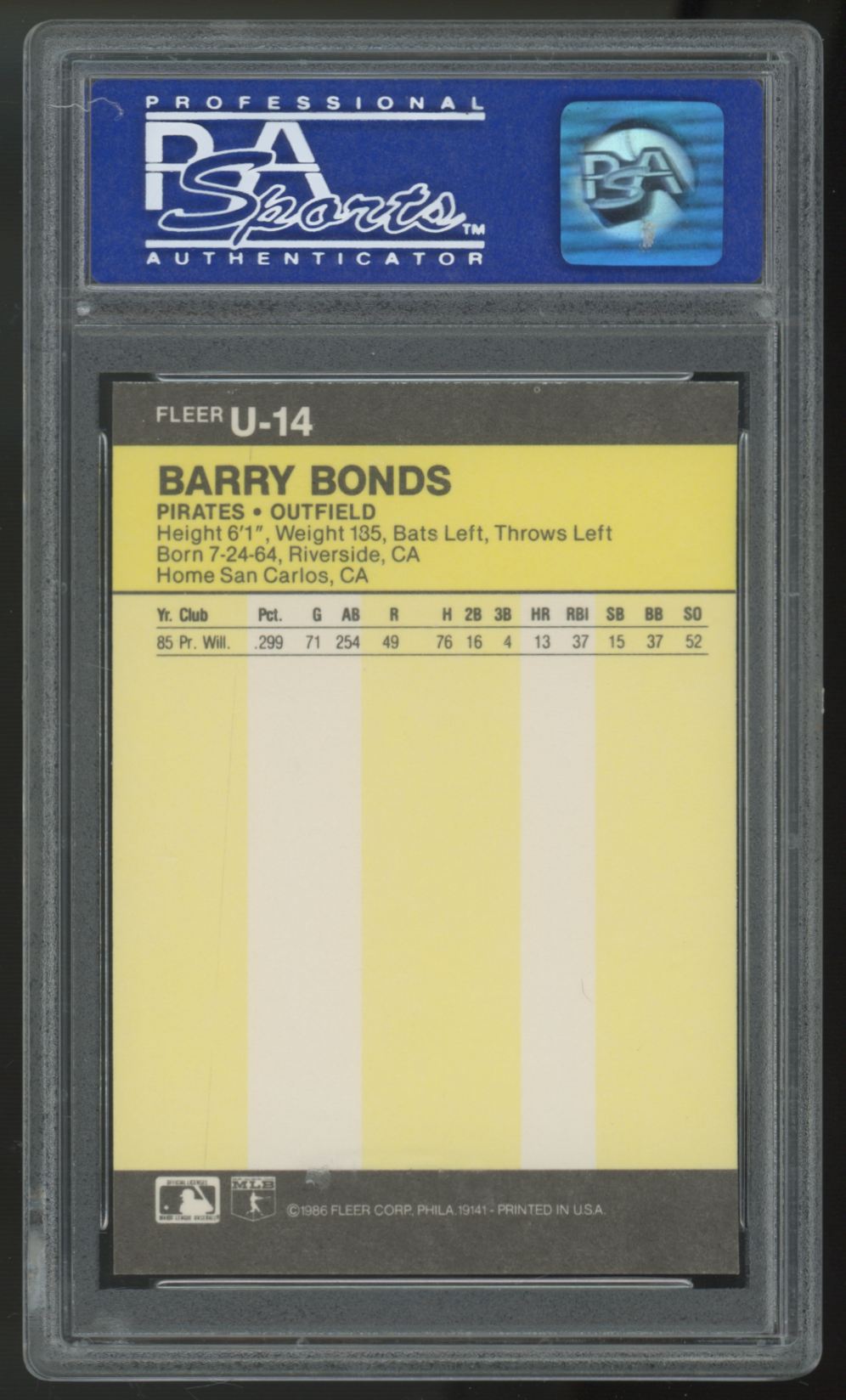 1986 Fleer Update Barry Bonds RC #U-14 PSA 8 *110