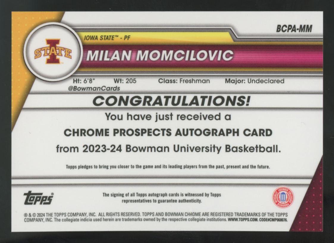 2023-24 Bowman Chrome U Milan Momcilovic 1st Prospect Auto #BCPA-MM
