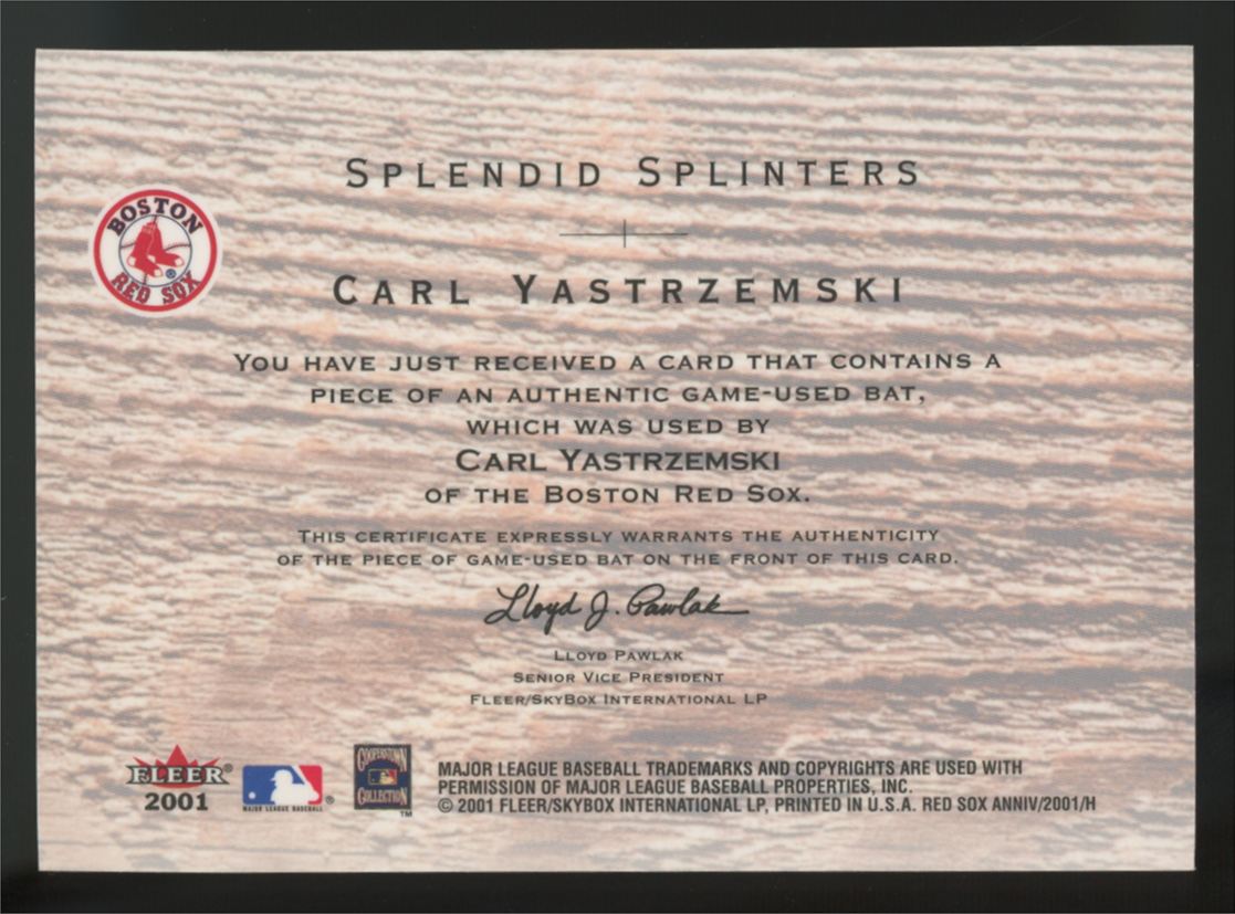 2001 Fleer Red Sox 100th Carl Yastrzemski Splendid Splinters Bat Relic "A"