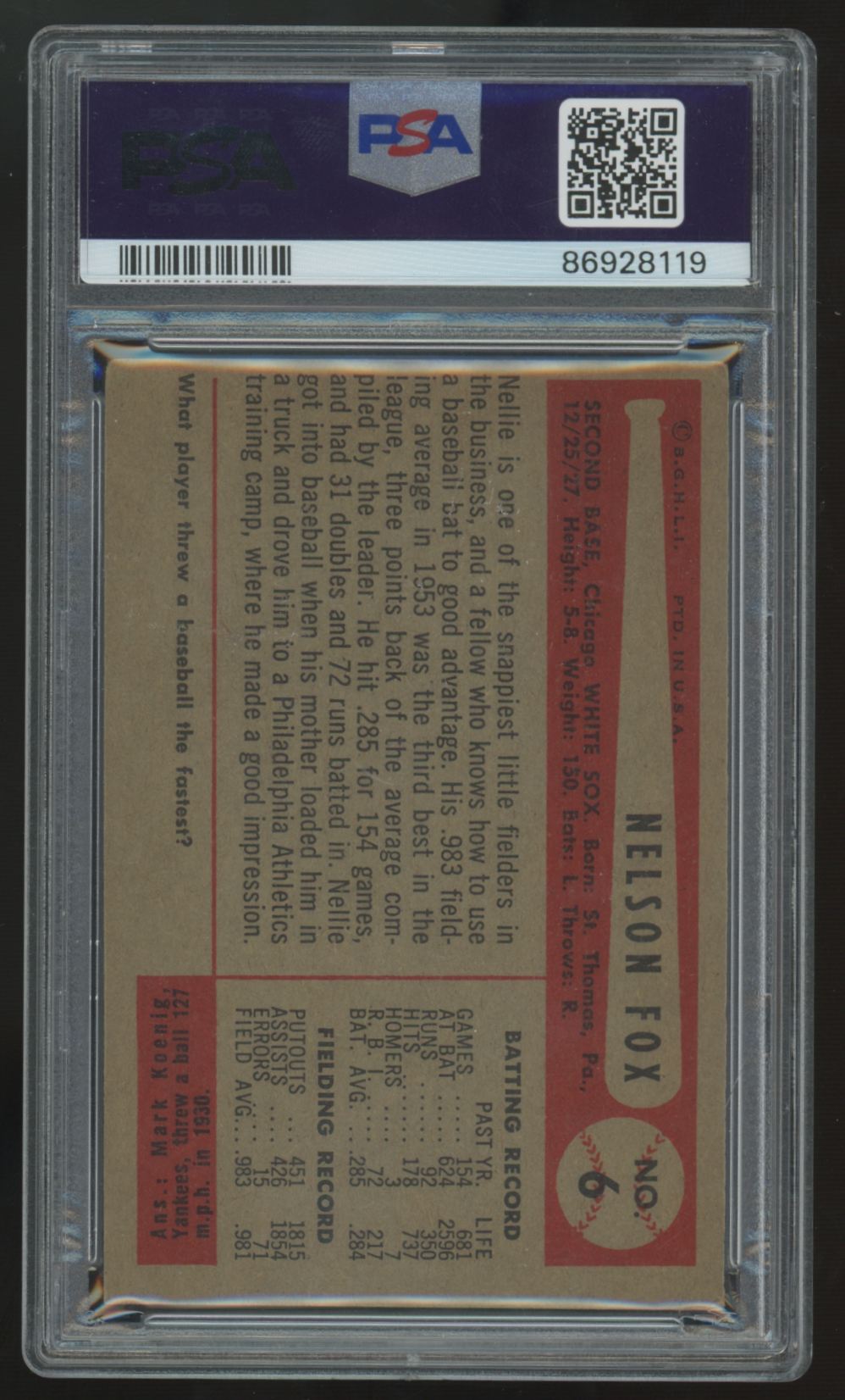 1954 Bowman Nellie Fox #6 PSA 4