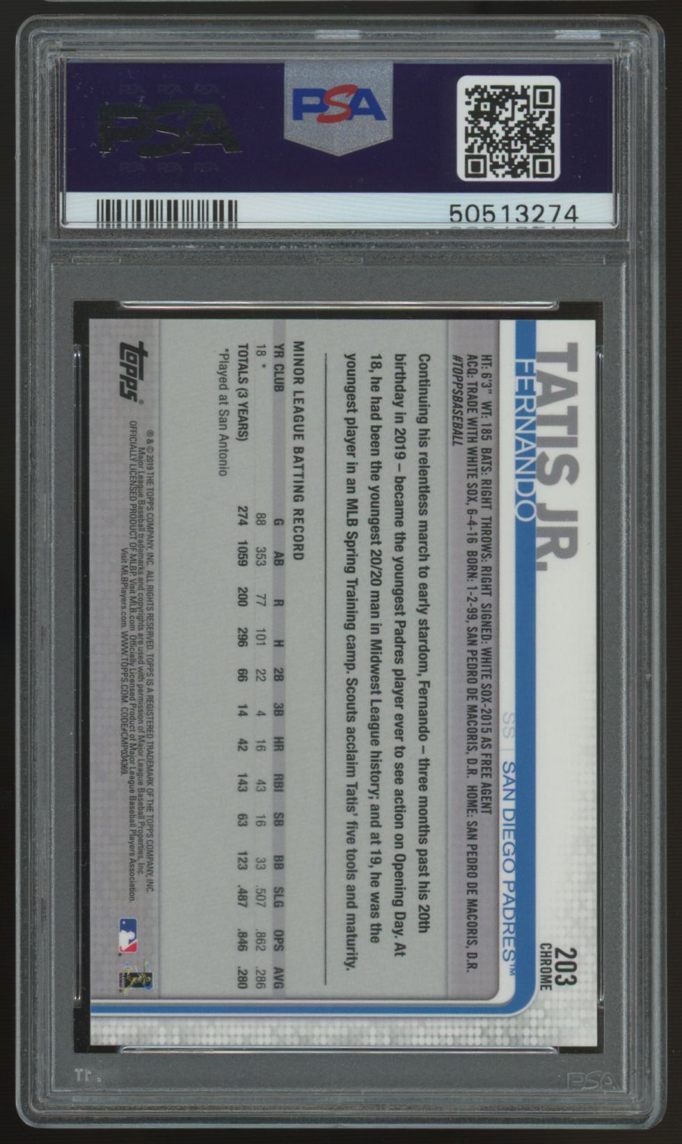 2019 Topps Chrome Update Fernando Tatis Jr. RC #203 PSA 10 *274
