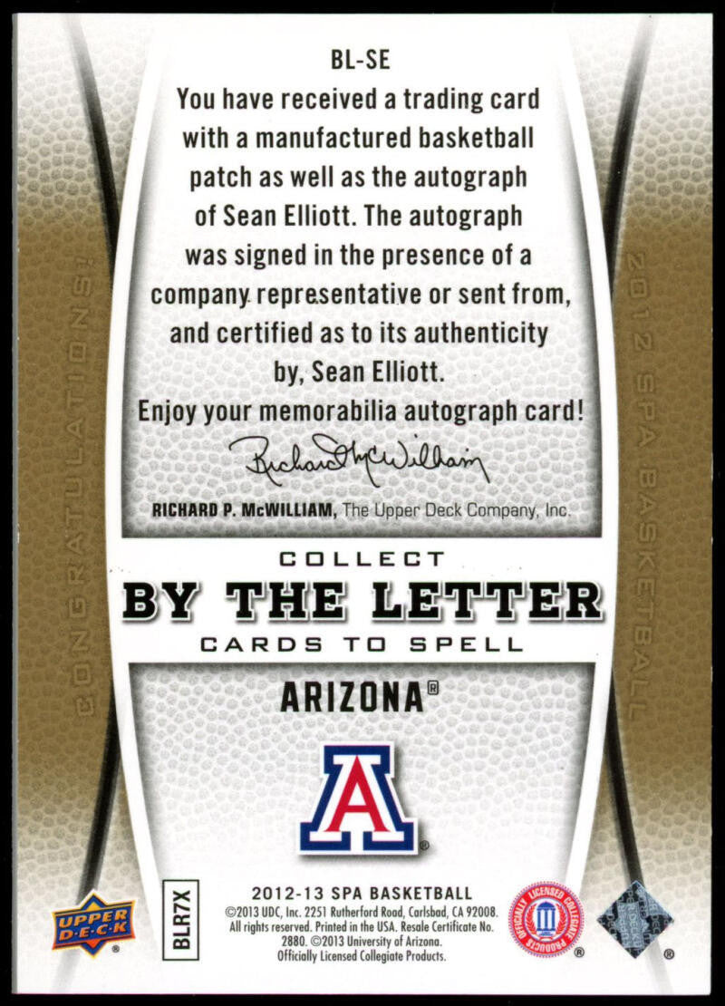 2012-13 UD SP Authentic Sean Elliott By the Letter Signatures Auto Patch /100
