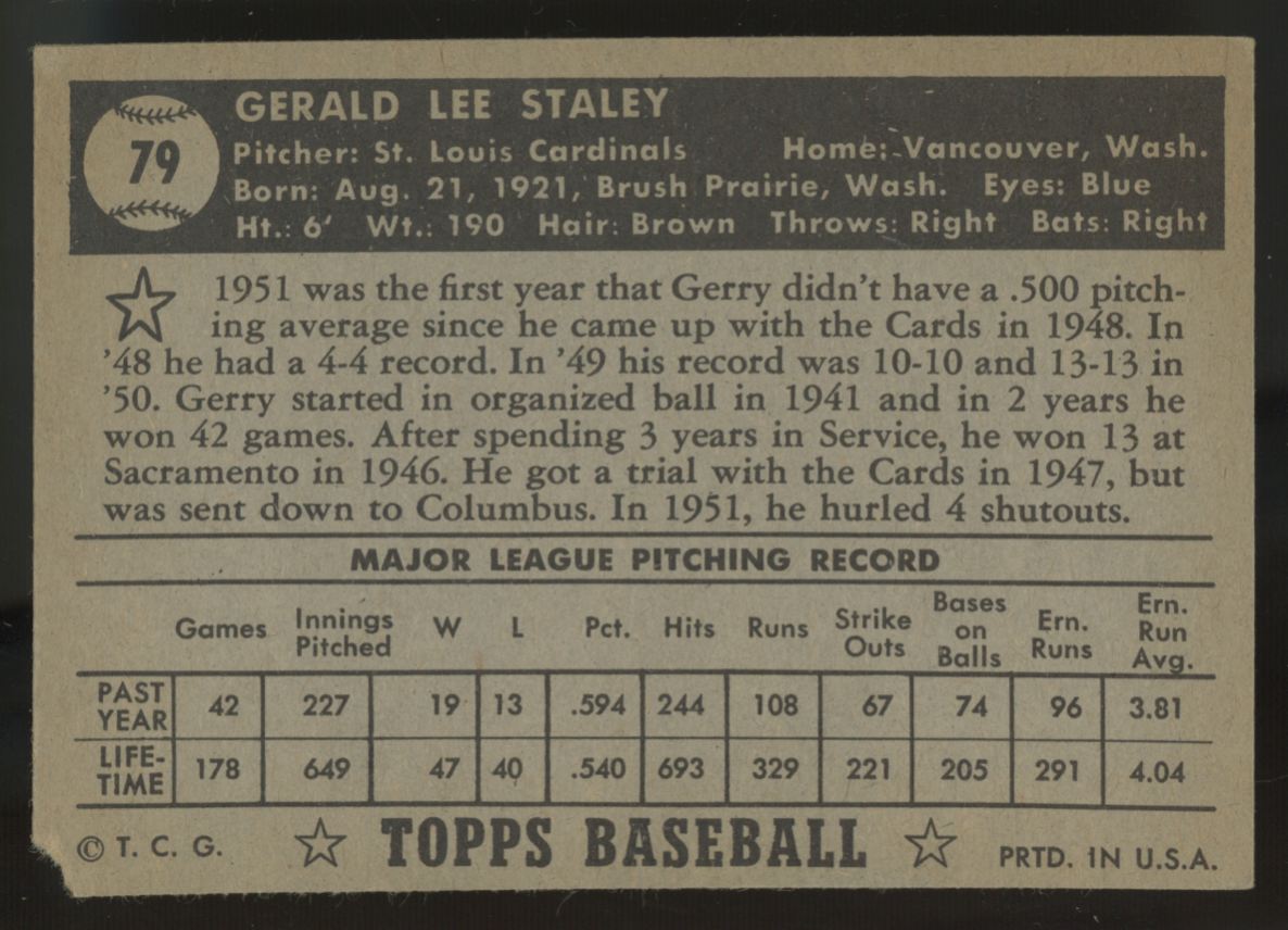 1952 Topps Gerald Staley RC Black Back #79 F/G